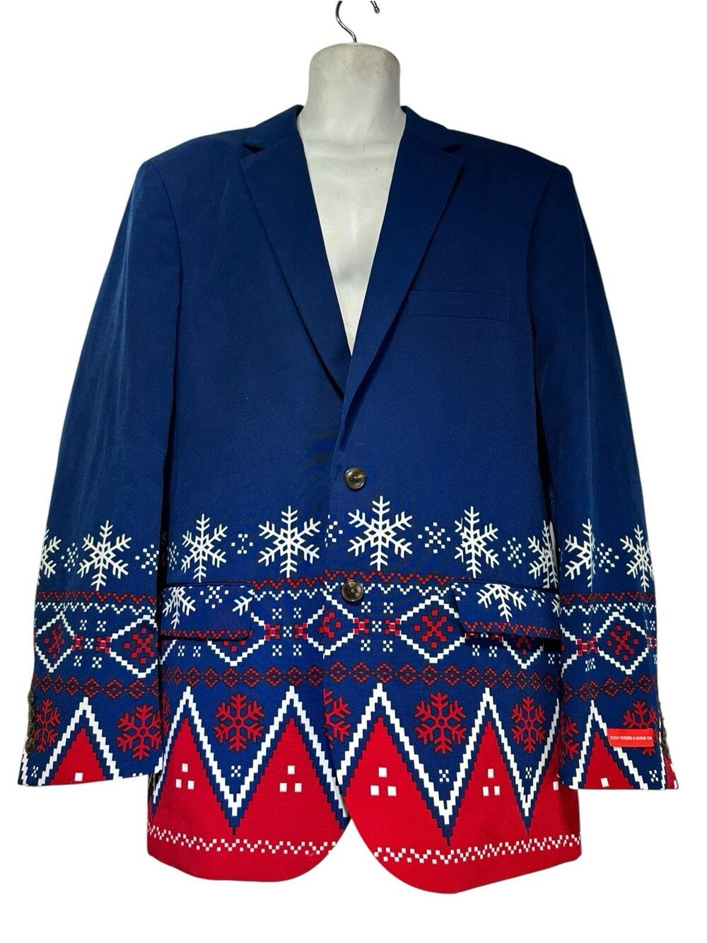 Shinesty Men’s Size 50 Blue Red Snowflake Ugly Christmas Blazer Jacket